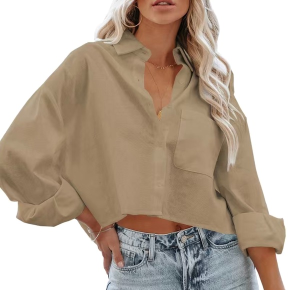 Boyfriend Crop Button Shirt, Casual Pocket Long Sleeve Shirt For Spring & summer - Picture 1 of 3